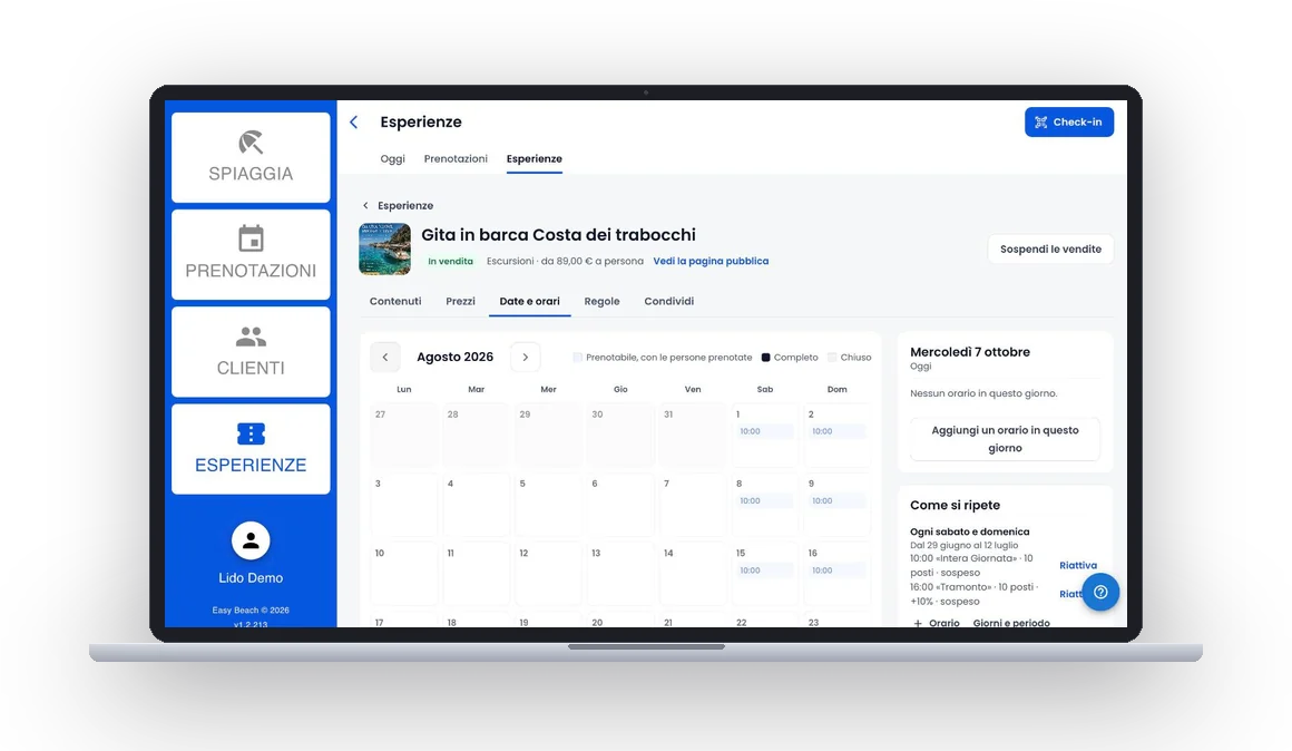 Modulo Esperienze di Easy Beach con calendario e posti disponibili