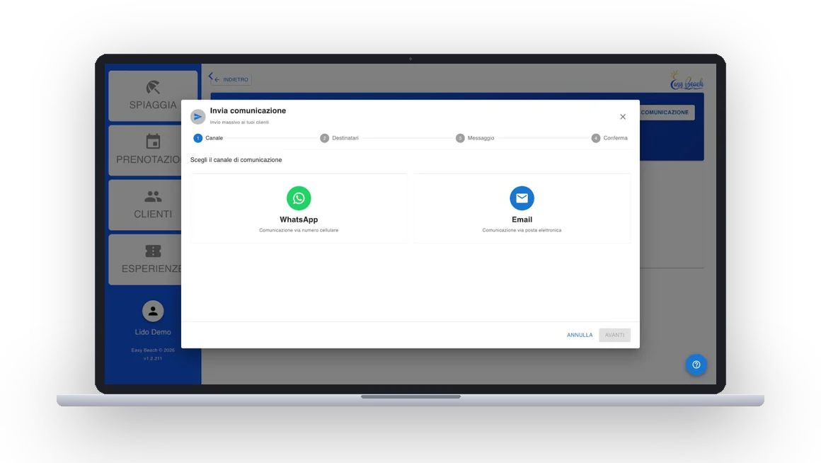 Invio di una comunicazione ai clienti via WhatsApp o email da Easy Beach
