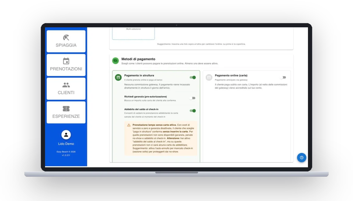 Impostazioni della garanzia con carta e dell'addebito al check-in contro i no-show