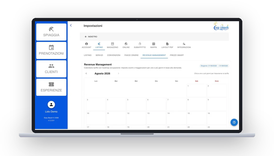 Revenue management di Easy Beach: calendario tariffe con sconti e maggiorazioni per giorno